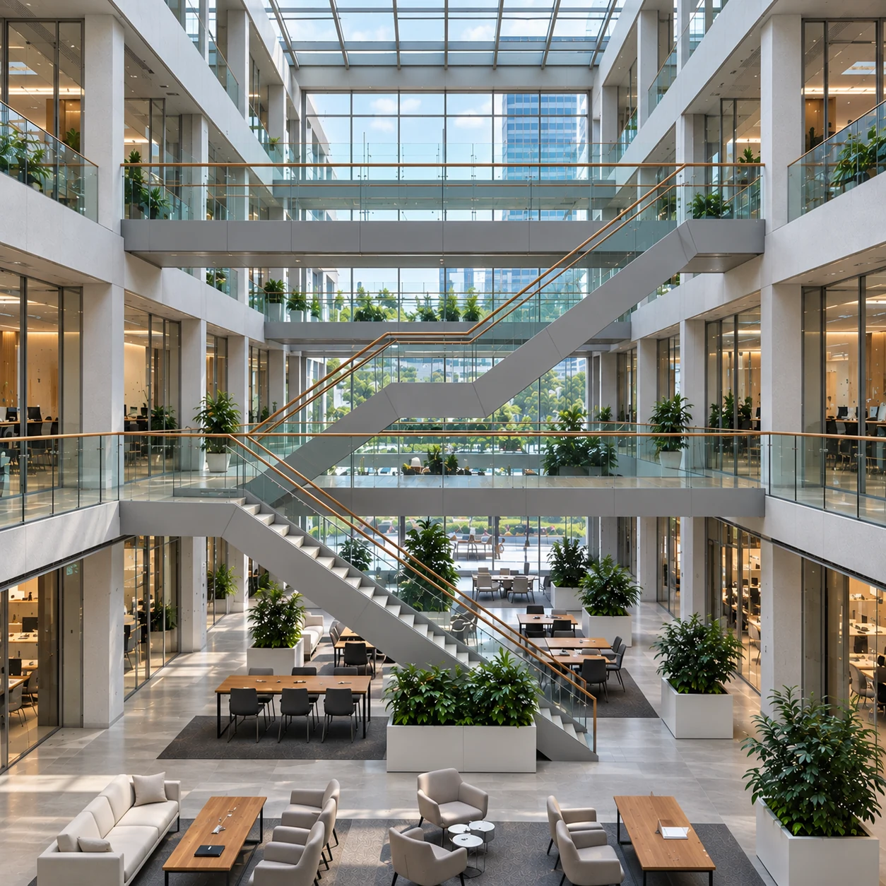 Office atrium with connected floors and shared spaces
