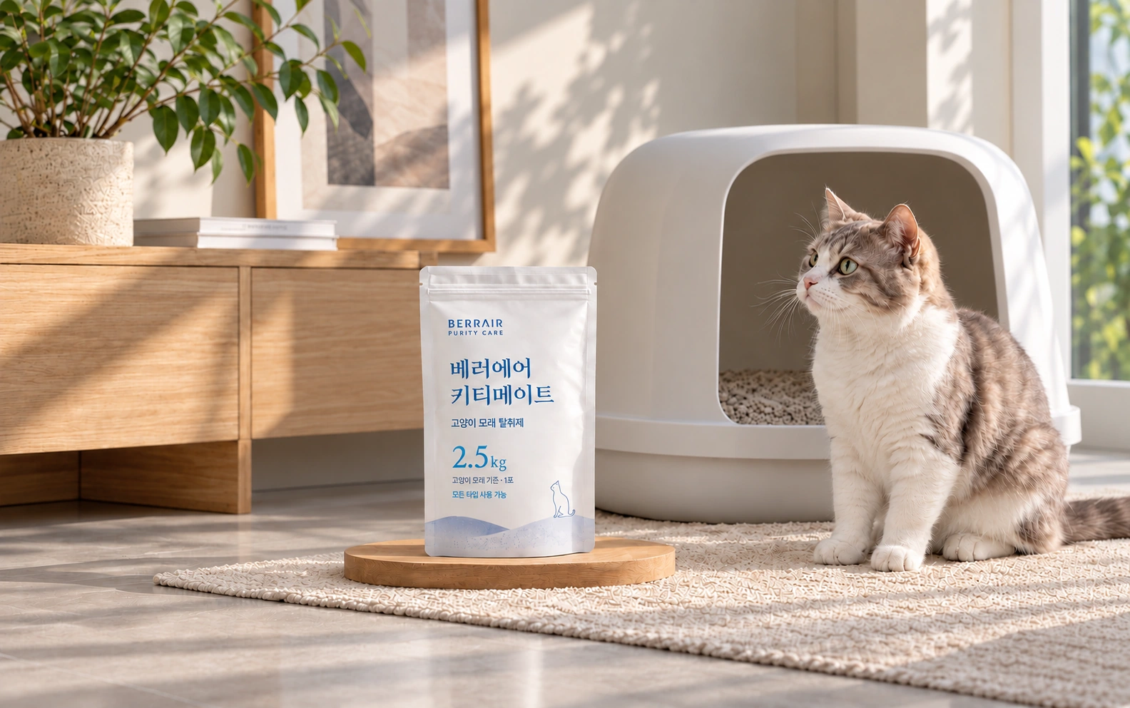 Berrair Kittymate product beside a cat and litter box